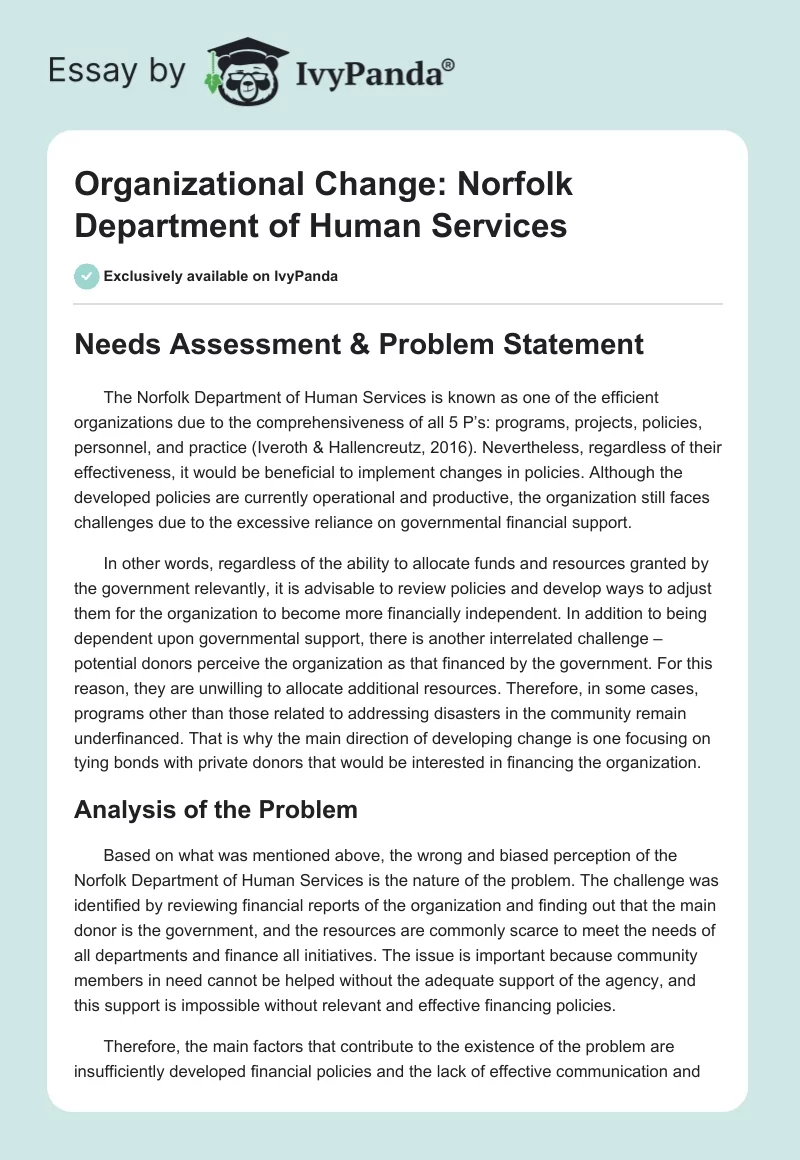Organizational Change: Norfolk Department of Human Services. Page 1