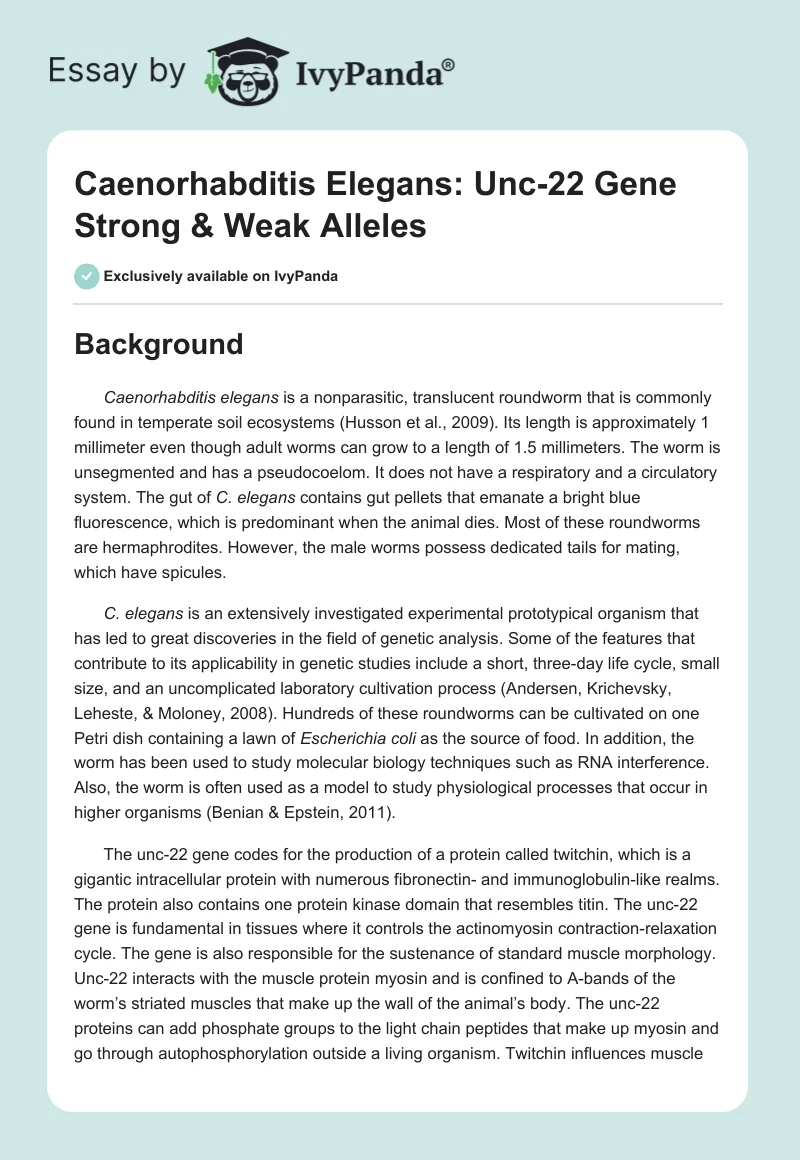 Caenorhabditis Elegans: Unc-22 Gene Strong & Weak Alleles. Page 1