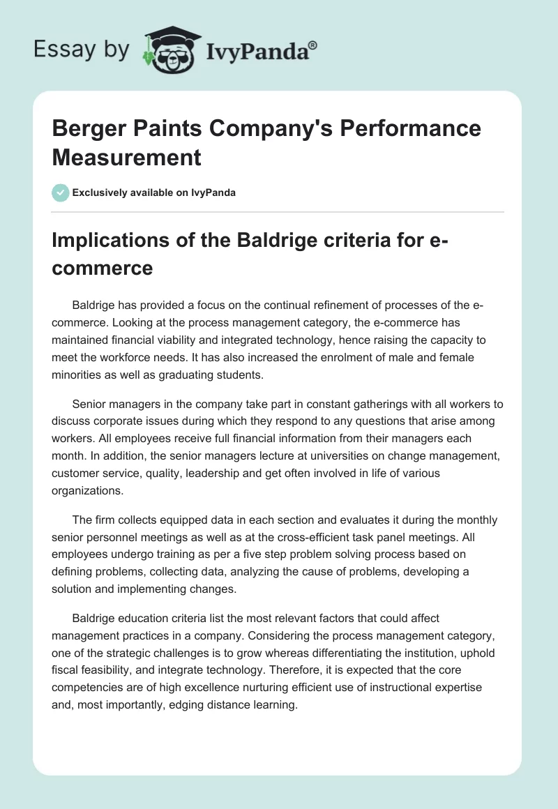 Berger Paints Company's Performance Measurement. Page 1