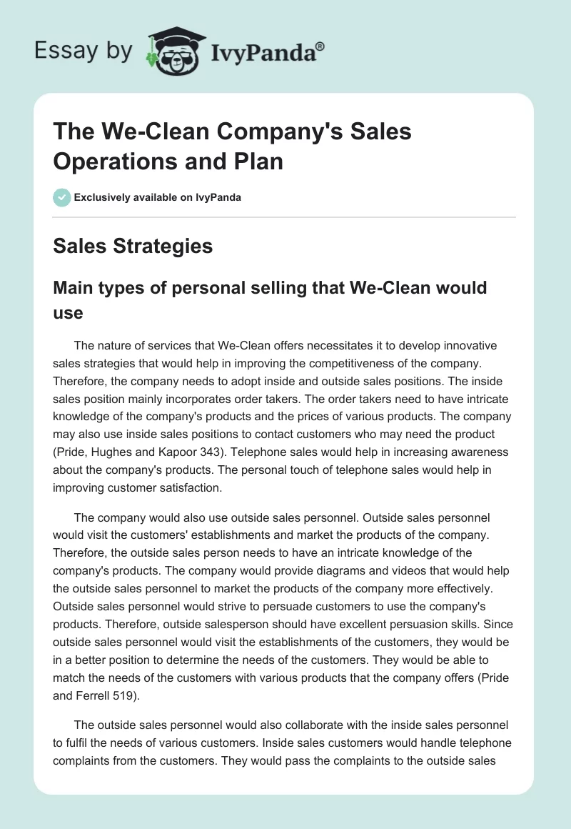 The We-Clean Company's Sales Operations and Plan. Page 1
