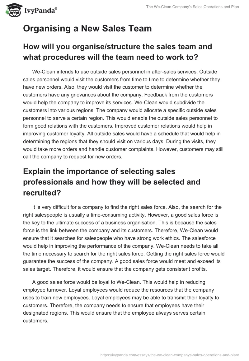 The We-Clean Company's Sales Operations and Plan. Page 3