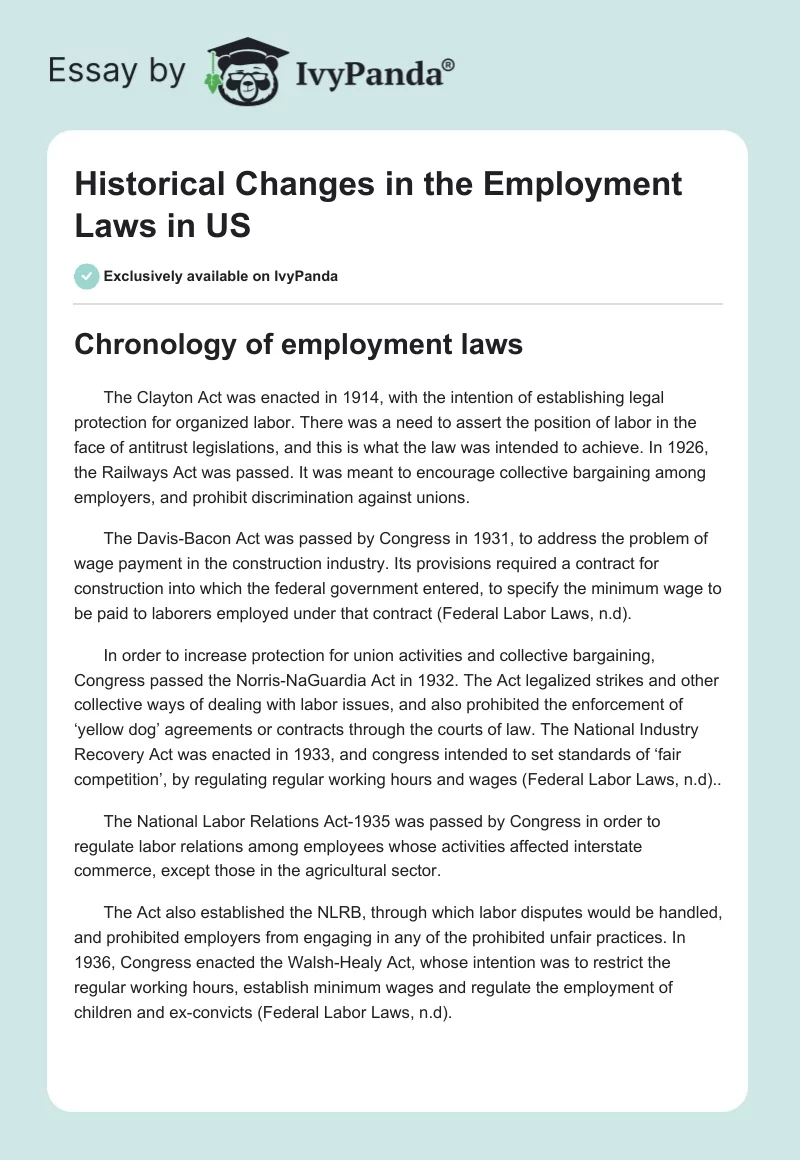 Historical Changes in the Employment Laws in US. Page 1