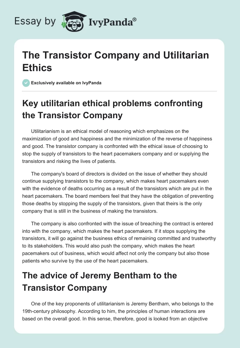 The Transistor Company and Utilitarian Ethics. Page 1