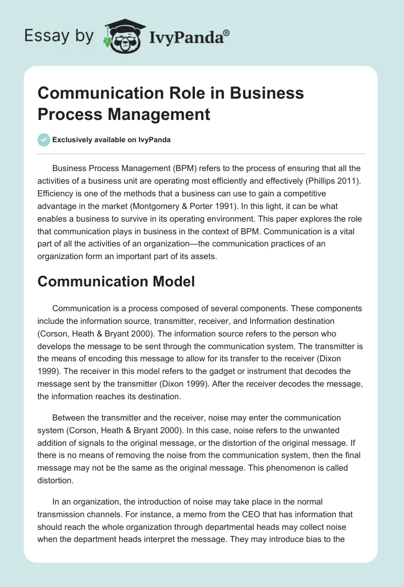 Communication Role in Business Process Management. Page 1