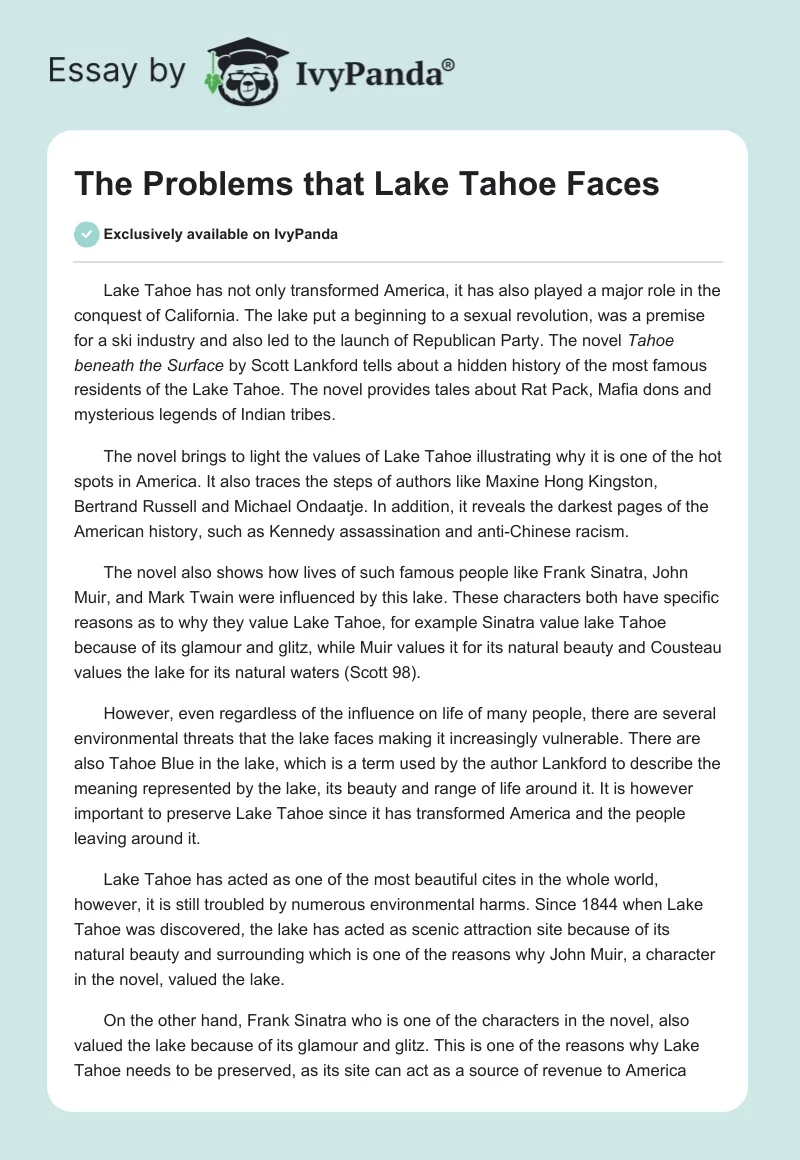 The Problems that Lake Tahoe Faces. Page 1