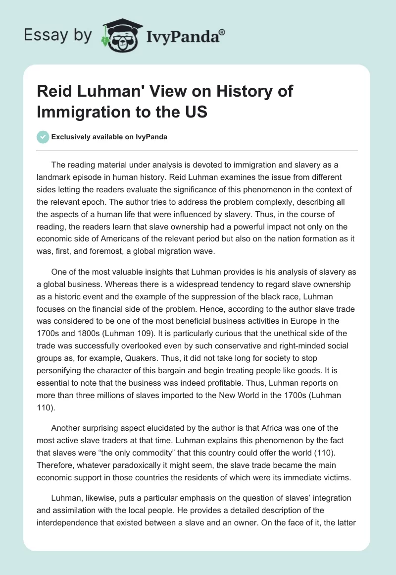 Reid Luhman' View on History of Immigration to the US. Page 1