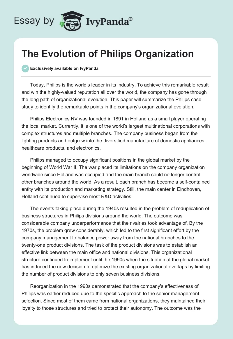 The Evolution of Philips Organization. Page 1