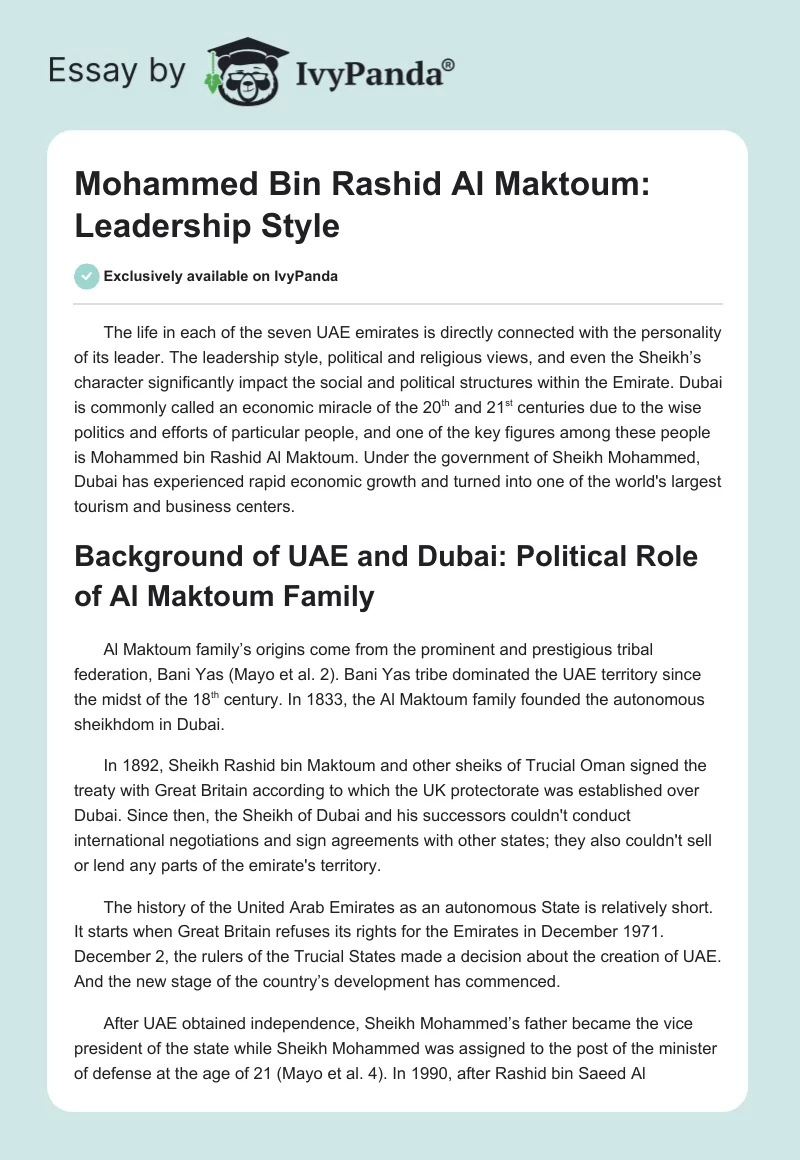 Mohammed Bin Rashid Al Maktoum: Leadership Style. Page 1