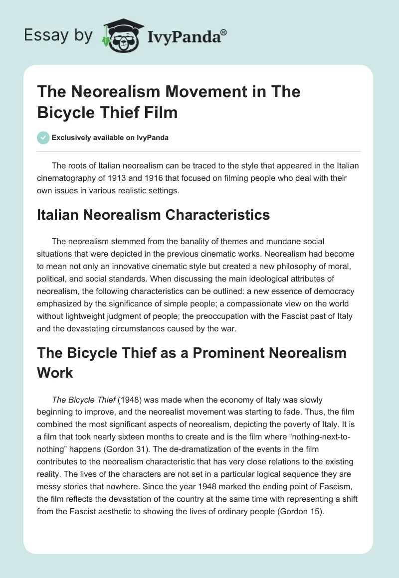 The Neorealism Movement in "The Bicycle Thief" Film. Page 1