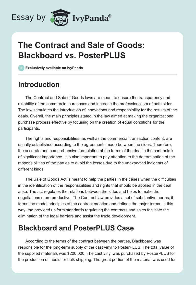The Contract and Sale of Goods: Blackboard vs. PosterPLUS. Page 1