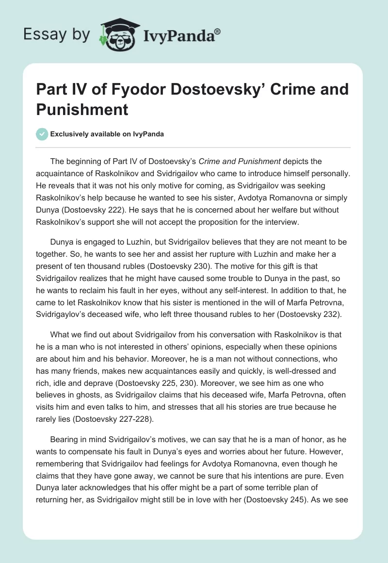 Part IV of Fyodor Dostoevsky’ "Crime and Punishment". Page 1
