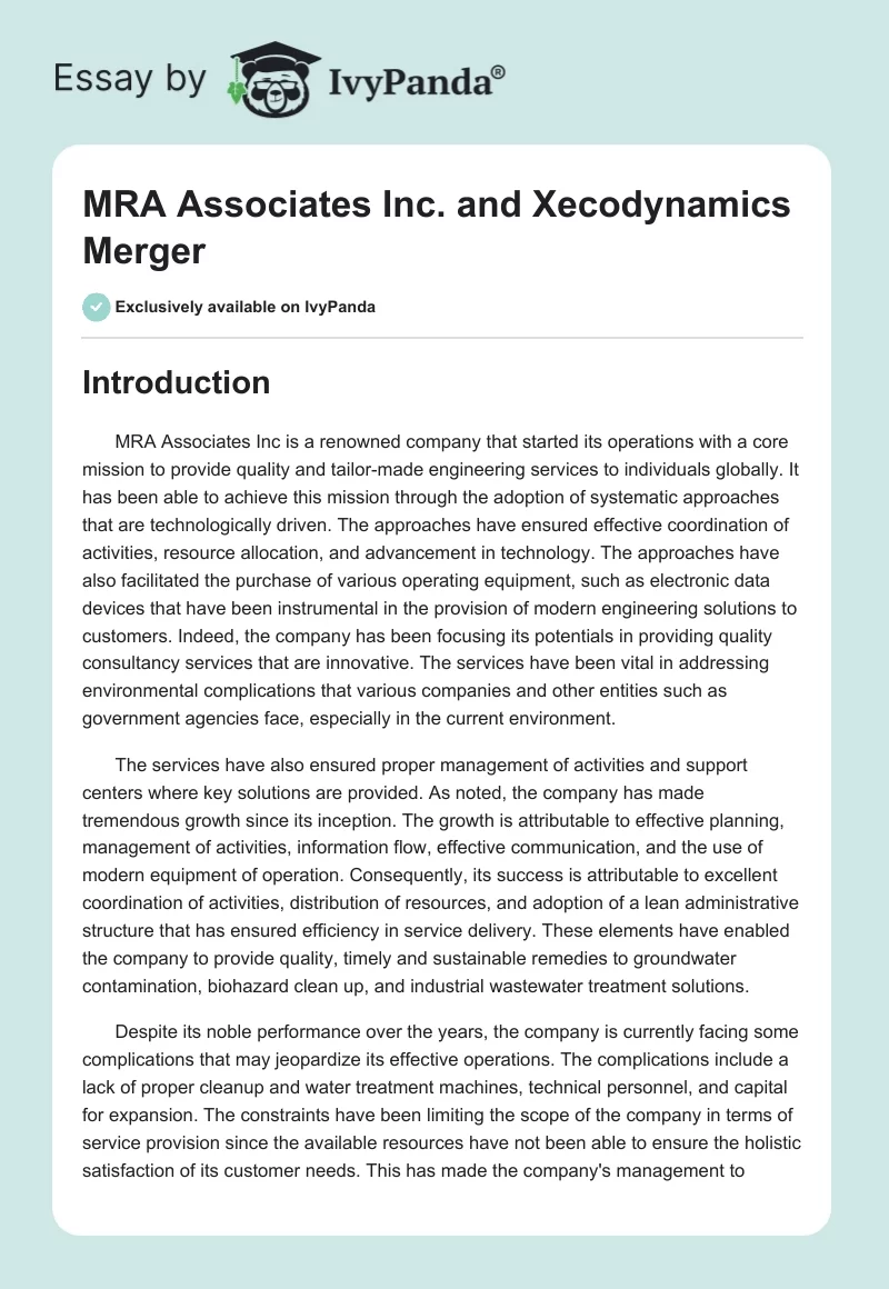 MRA Associates Inc. and Xecodynamics Merger. Page 1