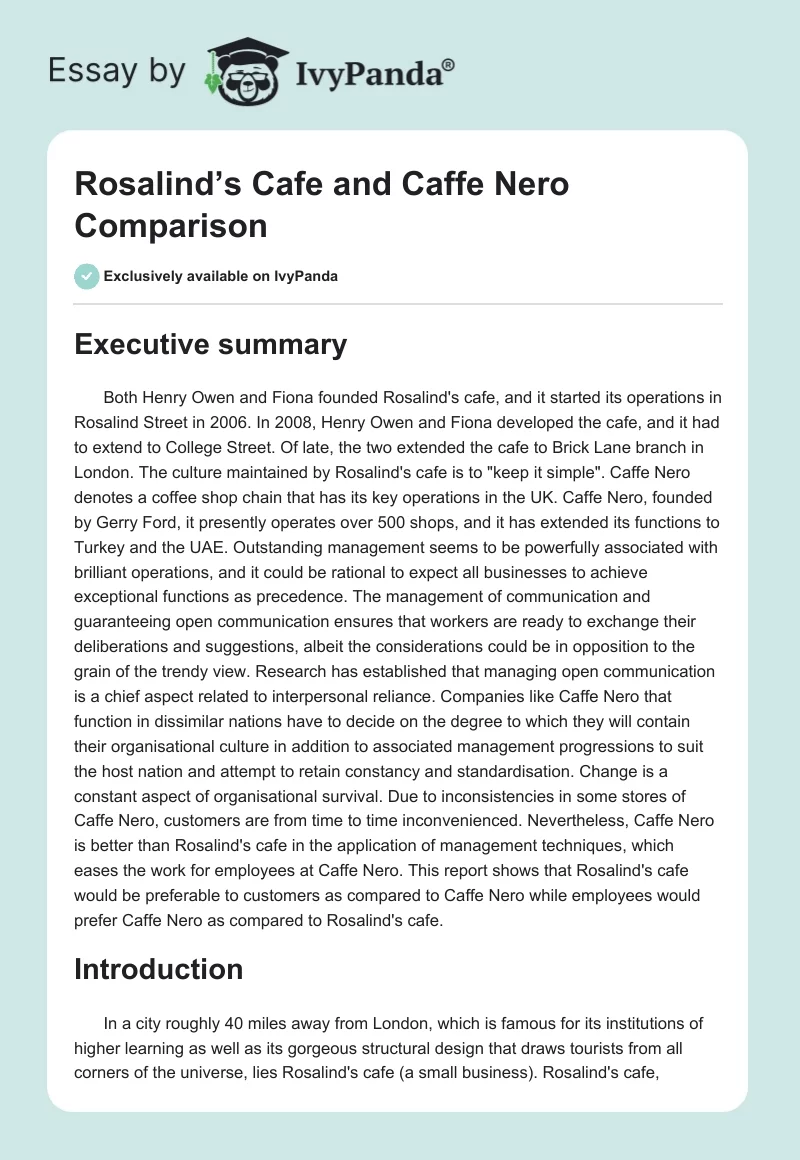 Rosalind’s Cafe and Caffe Nero Comparison. Page 1