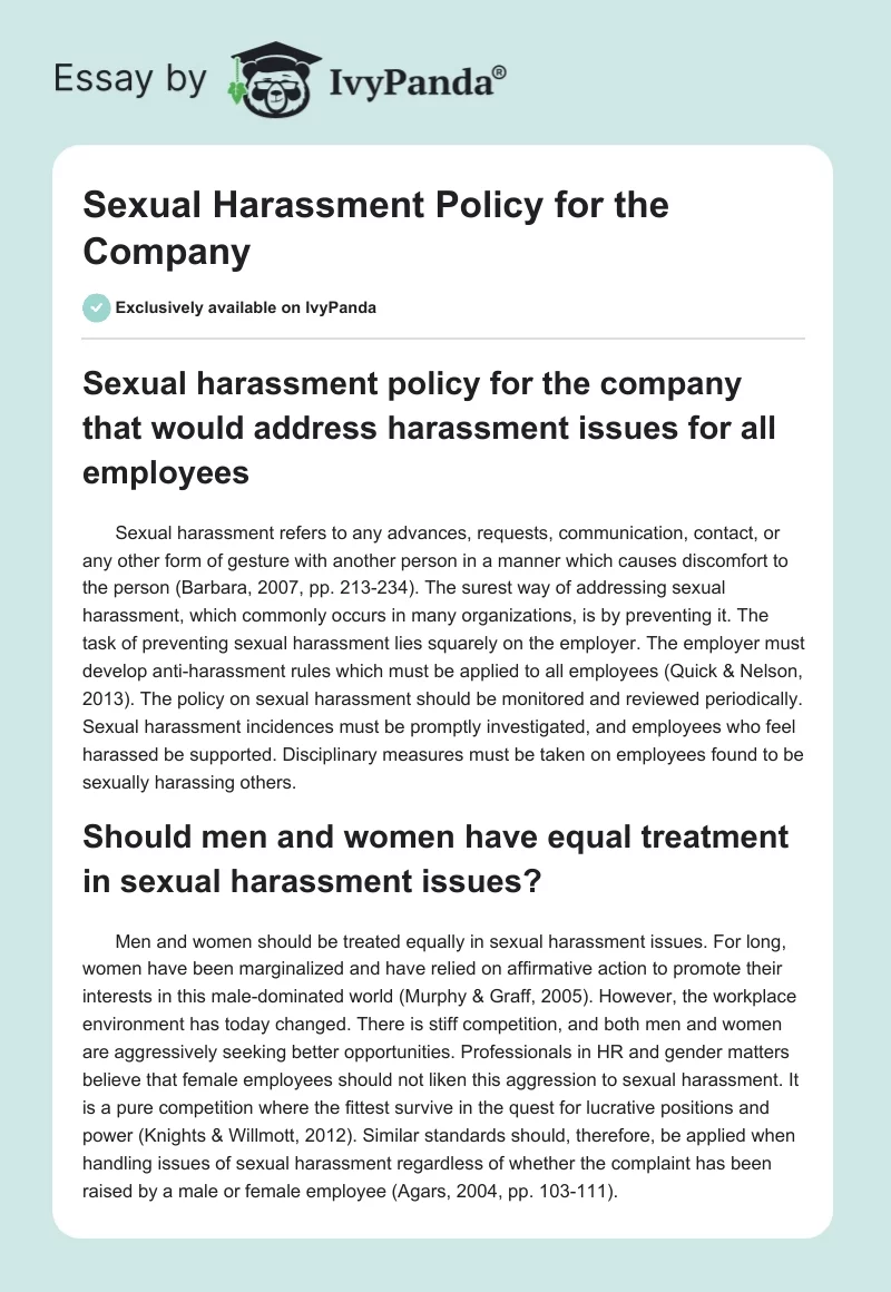 Sexual Harassment Policy for the Company. Page 1
