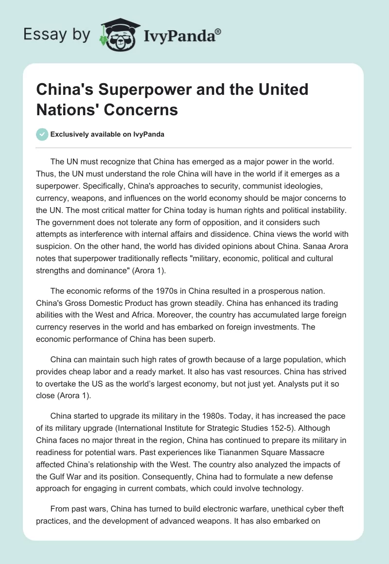 China's Superpower and the United Nations' Concerns. Page 1