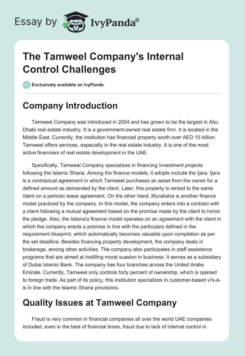 The Tamweel Company's Internal Control Challenges. Page 1