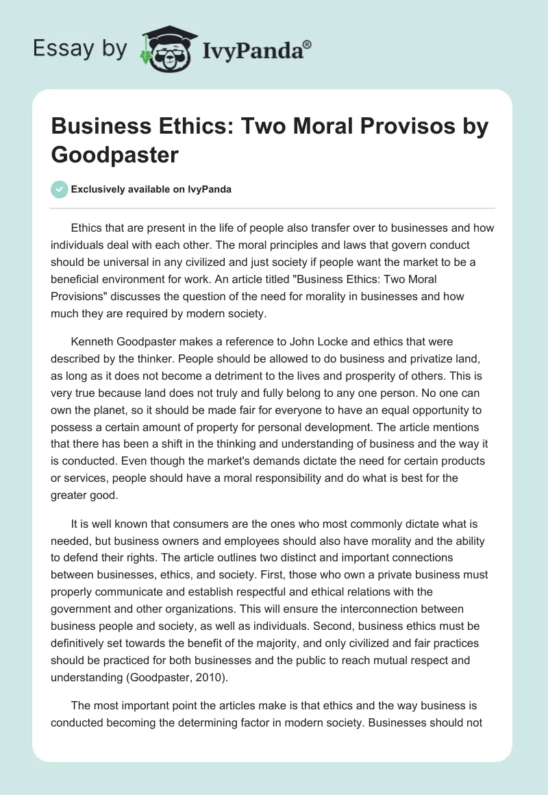 Business Ethics: Two Moral Provisos by Goodpaster. Page 1