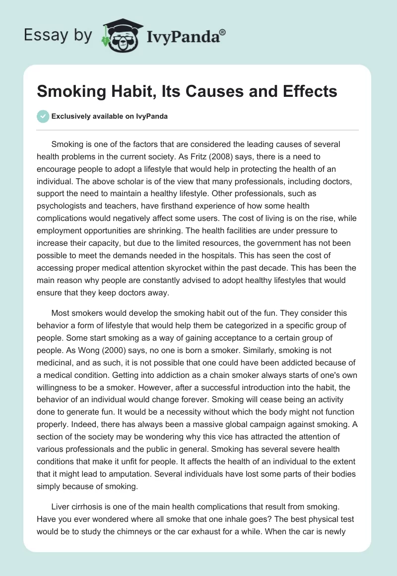 Smoking Habit, Its Causes and Effects. Page 1