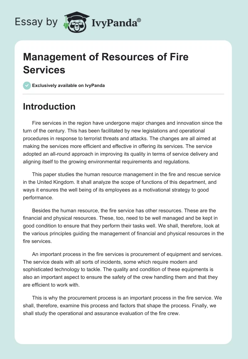 Management of Resources of Fire Services. Page 1