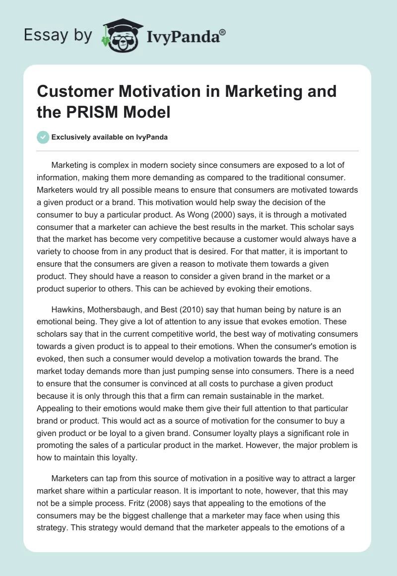 Customer Motivation in Marketing and the PRISM Model. Page 1