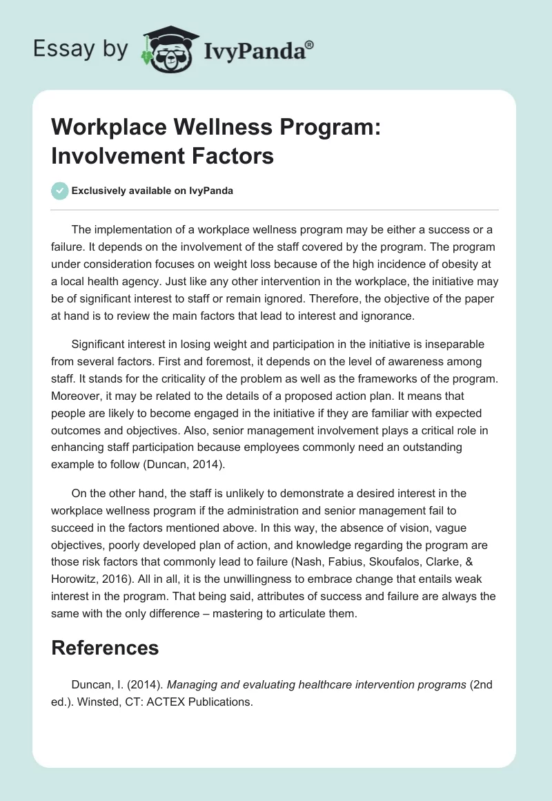 Workplace Wellness Program: Involvement Factors. Page 1