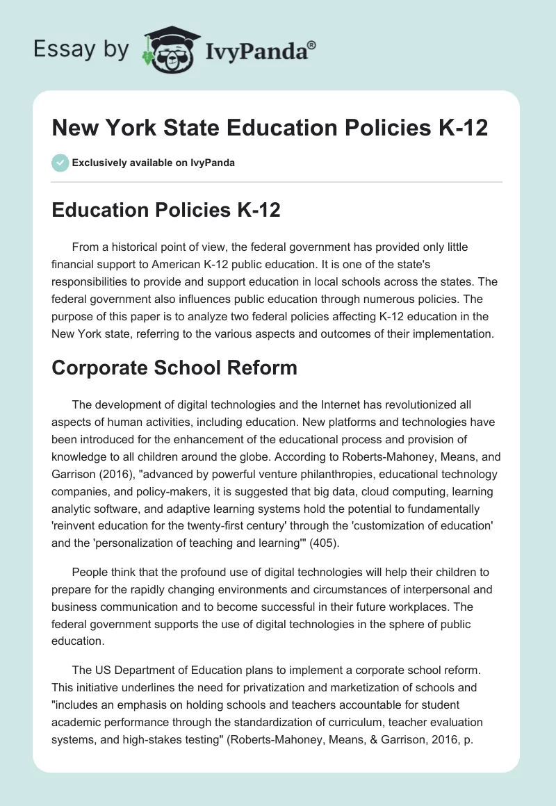 New York State Education Policies K-12. Page 1