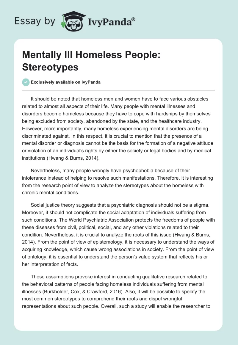 Mentally Ill Homeless People: Stereotypes. Page 1