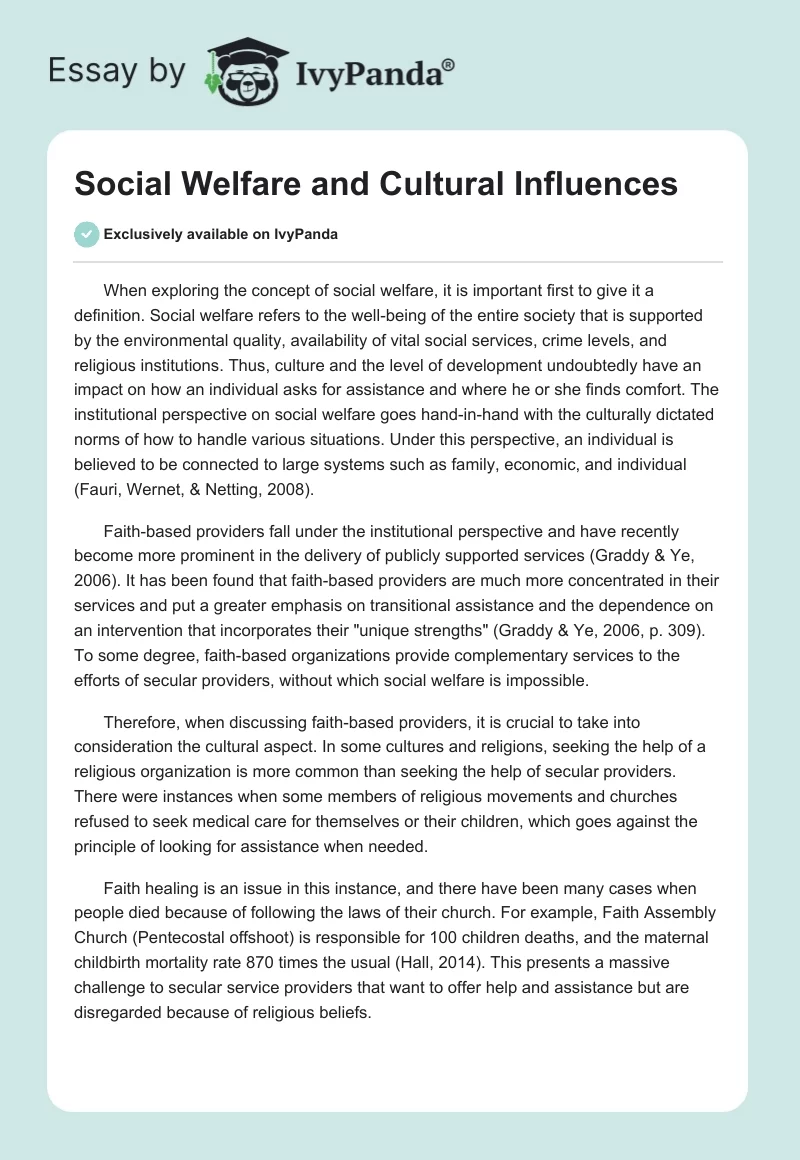 Social Welfare and Cultural Influences. Page 1
