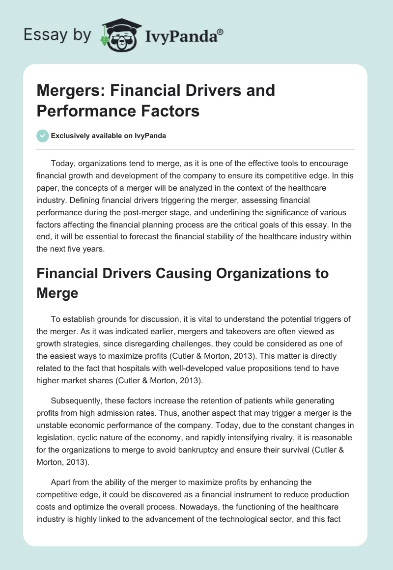 Mergers: Financial Drivers and Performance Factors. Page 1