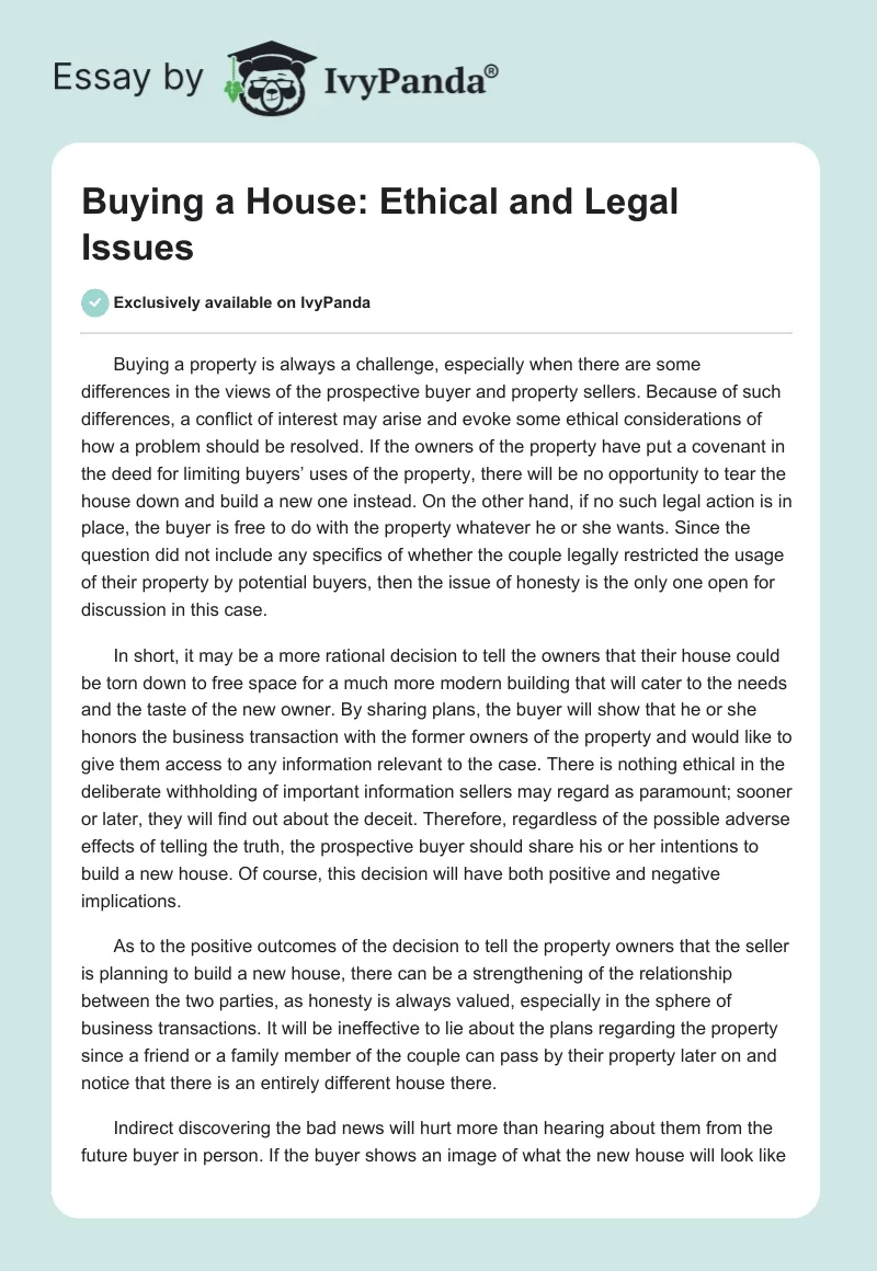 Buying a House: Ethical and Legal Issues. Page 1