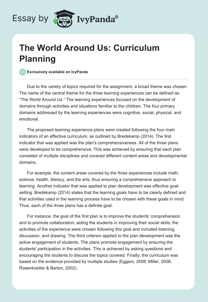 The World Around Us: Curriculum Planning. Page 1