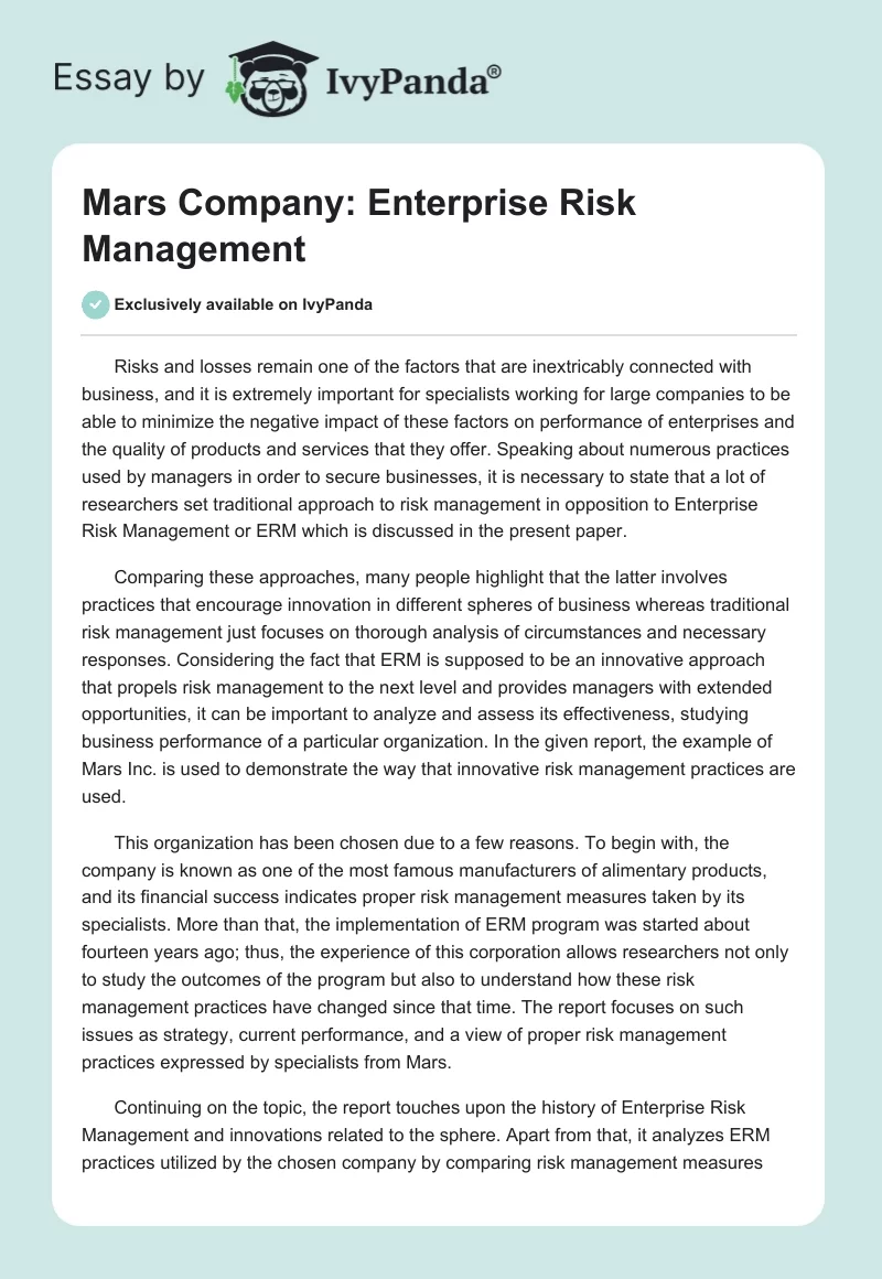 Mars Company: Enterprise Risk Management. Page 1