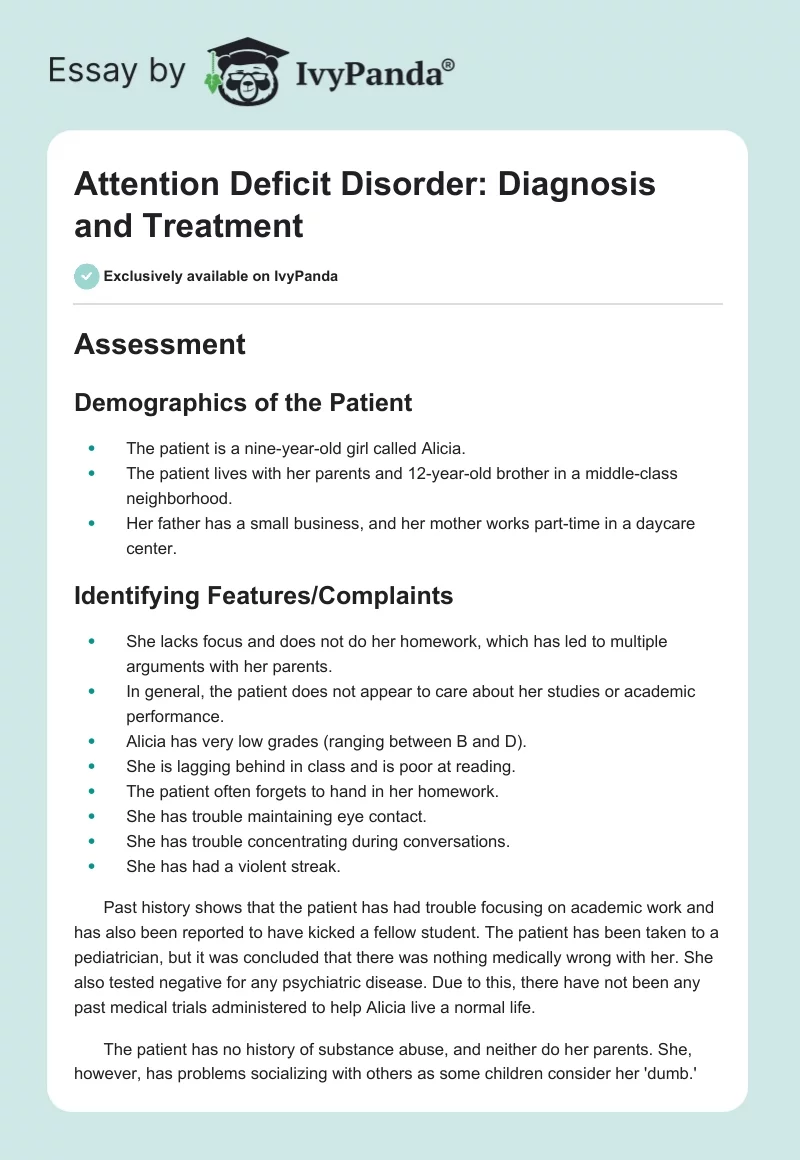 Attention Deficit Disorder: Diagnosis and Treatment. Page 1