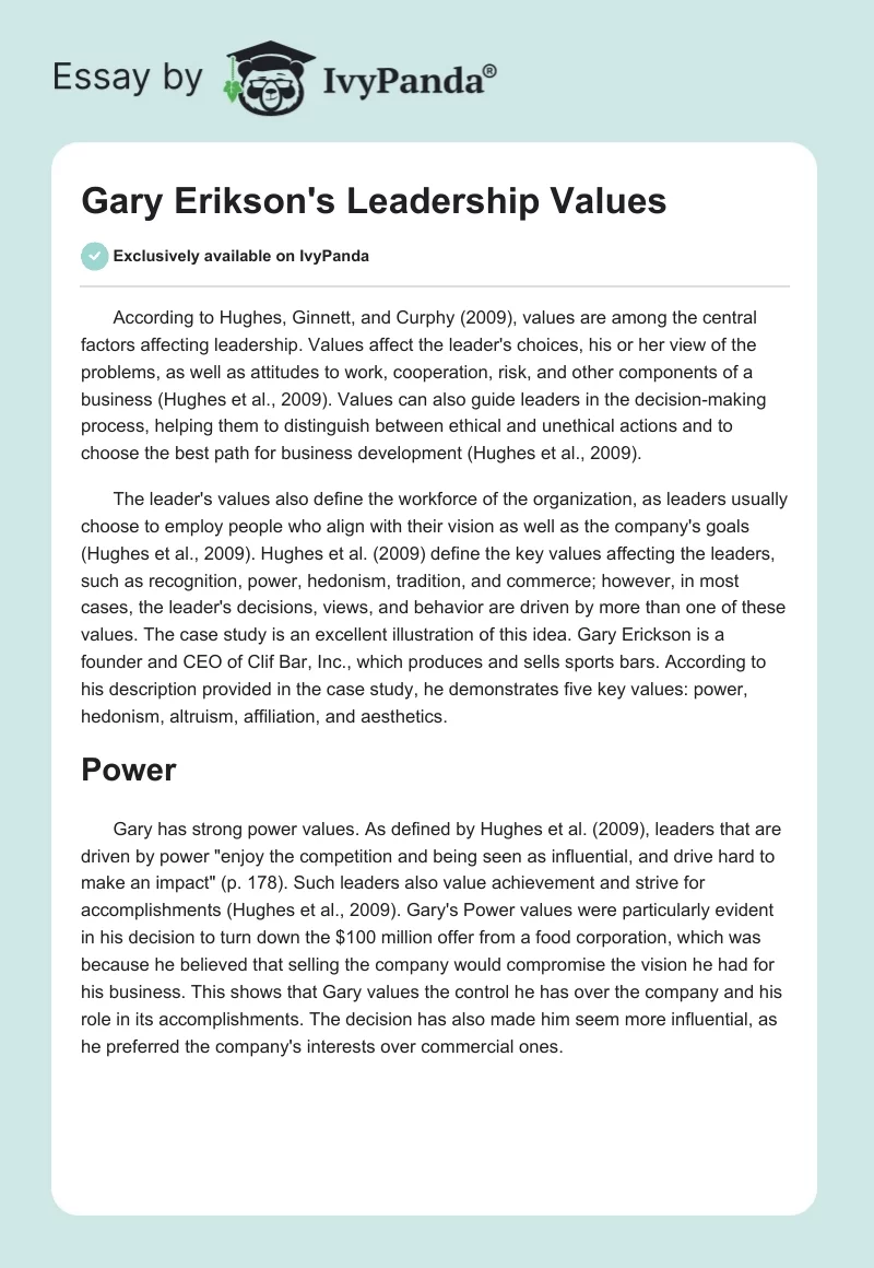 Gary Erikson's Leadership Values. Page 1
