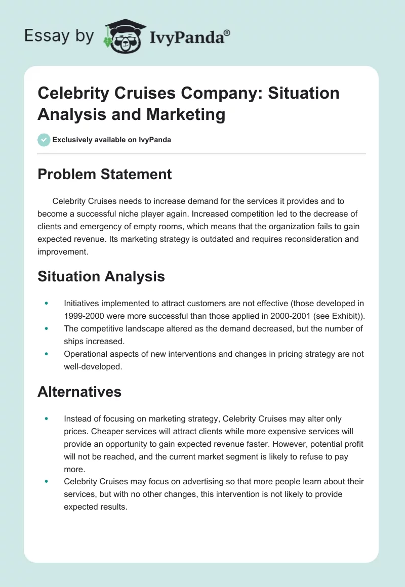 Celebrity Cruises Company: Situation Analysis and Marketing. Page 1