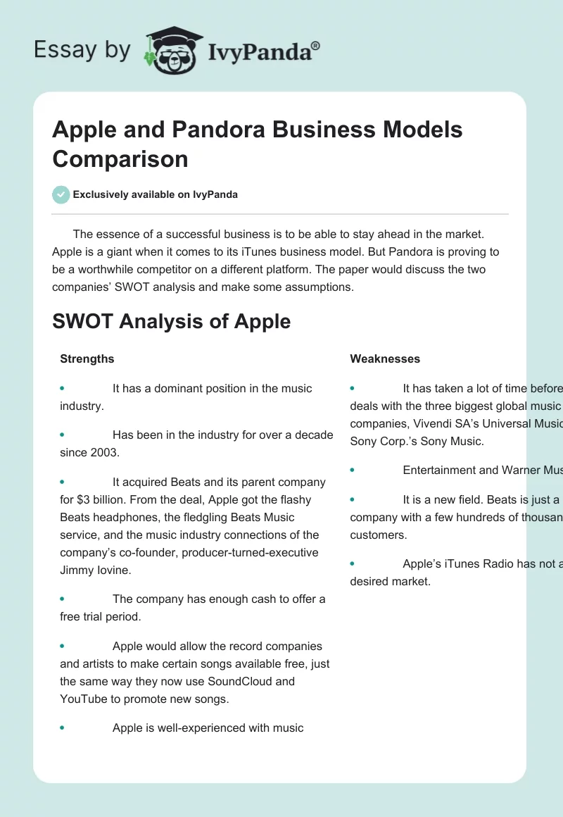 Apple and Pandora Business Models Comparison. Page 1