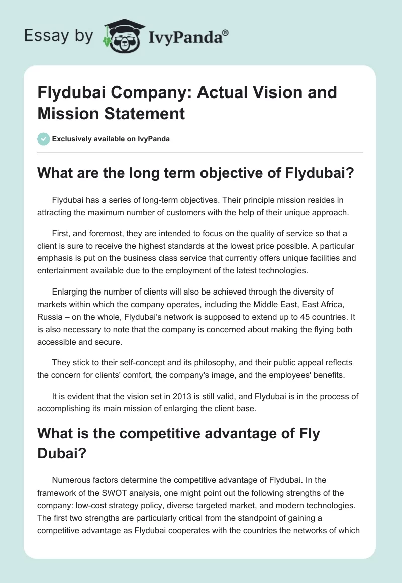 Flydubai Company: Actual Vision and Mission Statement. Page 1
