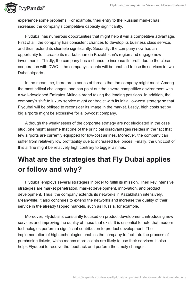 Flydubai Company: Actual Vision and Mission Statement. Page 2