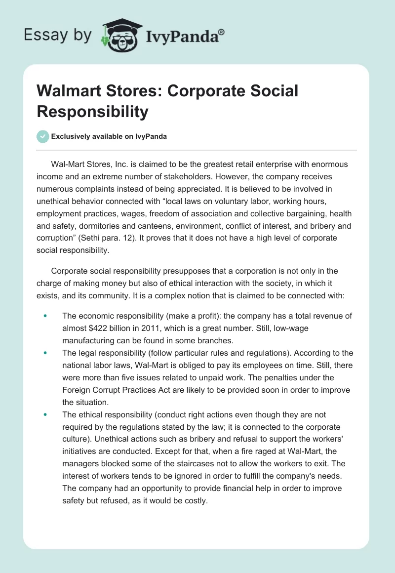 Walmart Stores: Corporate Social Responsibility. Page 1