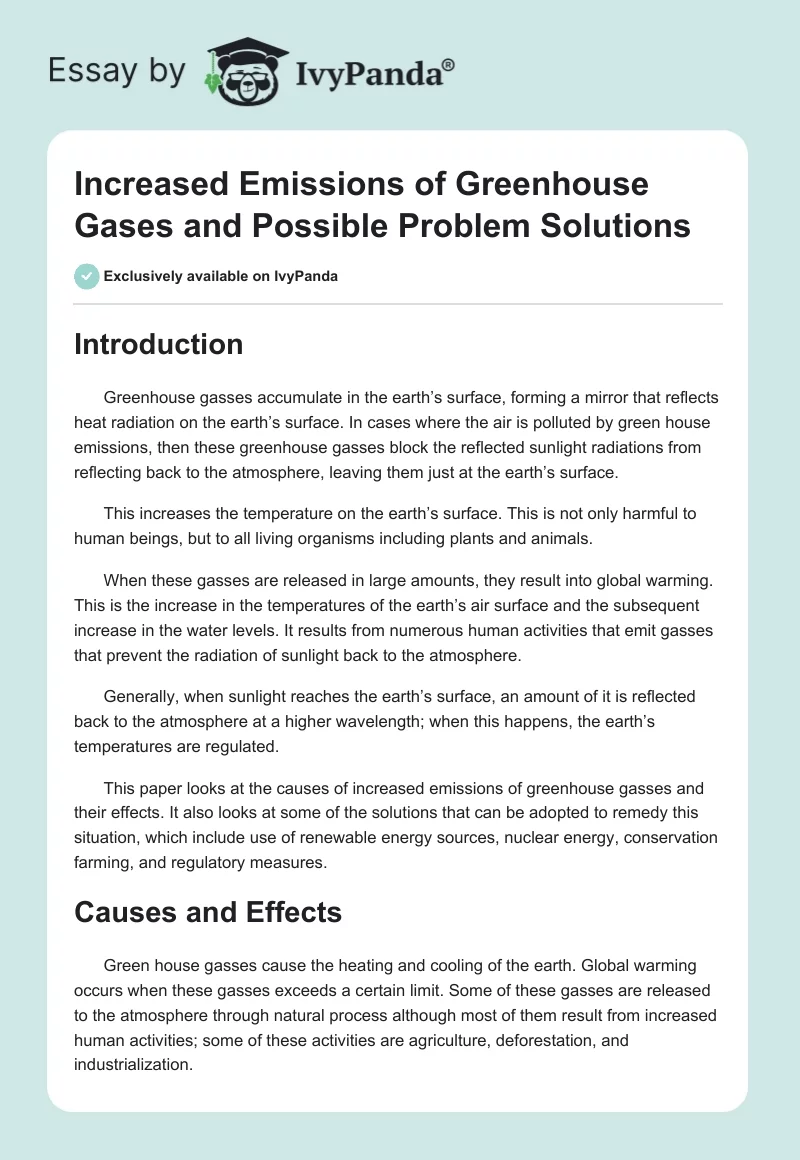 Increased Emissions of Greenhouse Gases and Possible Problem Solutions. Page 1