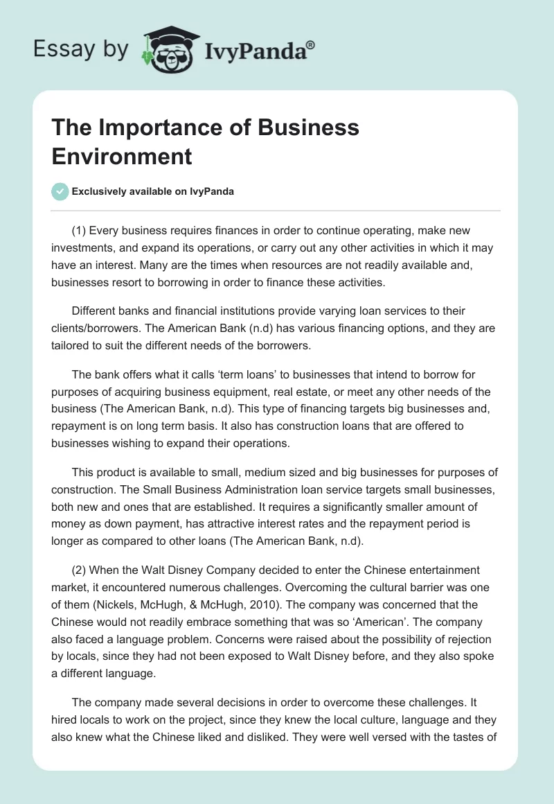 The Importance of Business Environment. Page 1