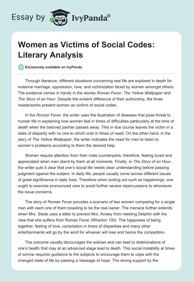 Women as Victims of Social Codes: Literary Analysis. Page 1