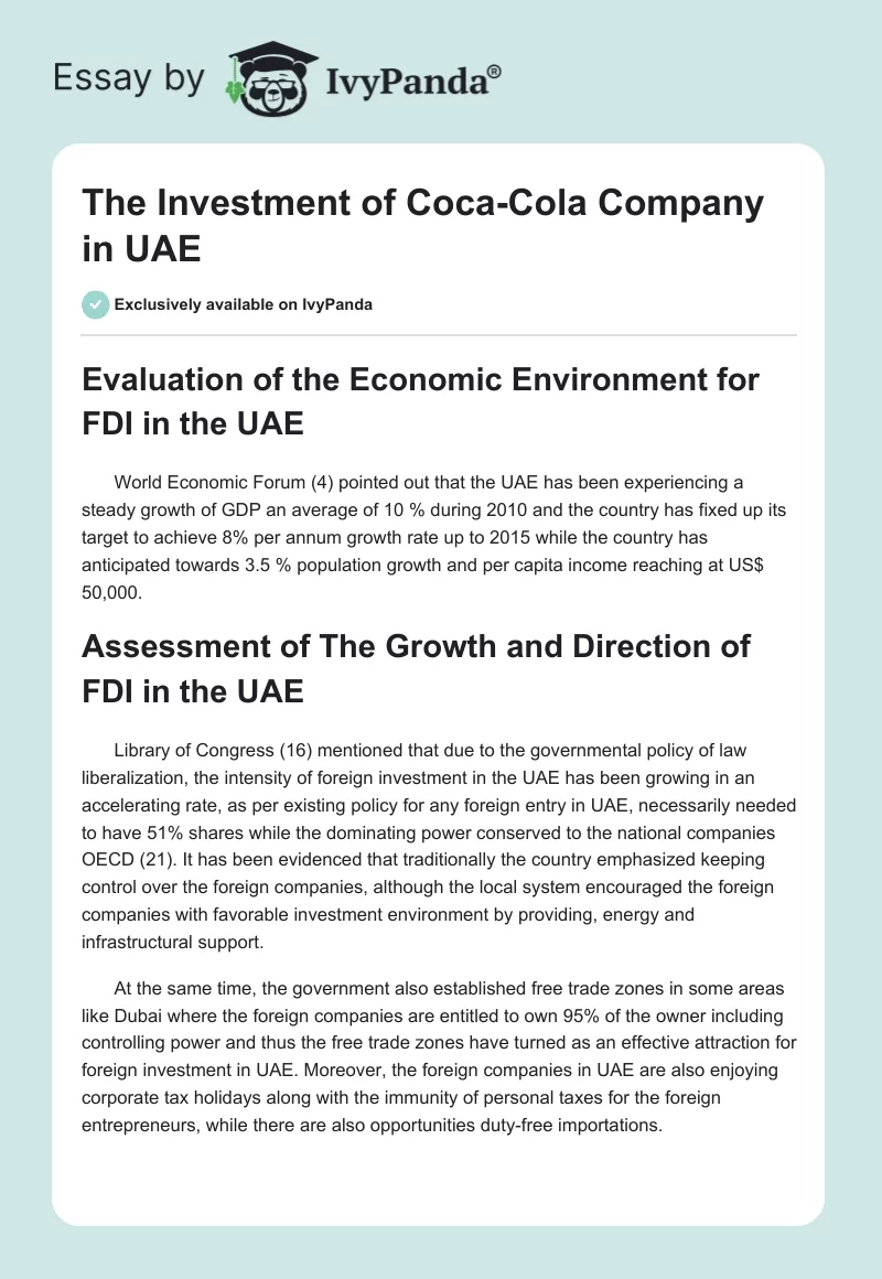 The Investment of Coca-Cola Company in UAE. Page 1
