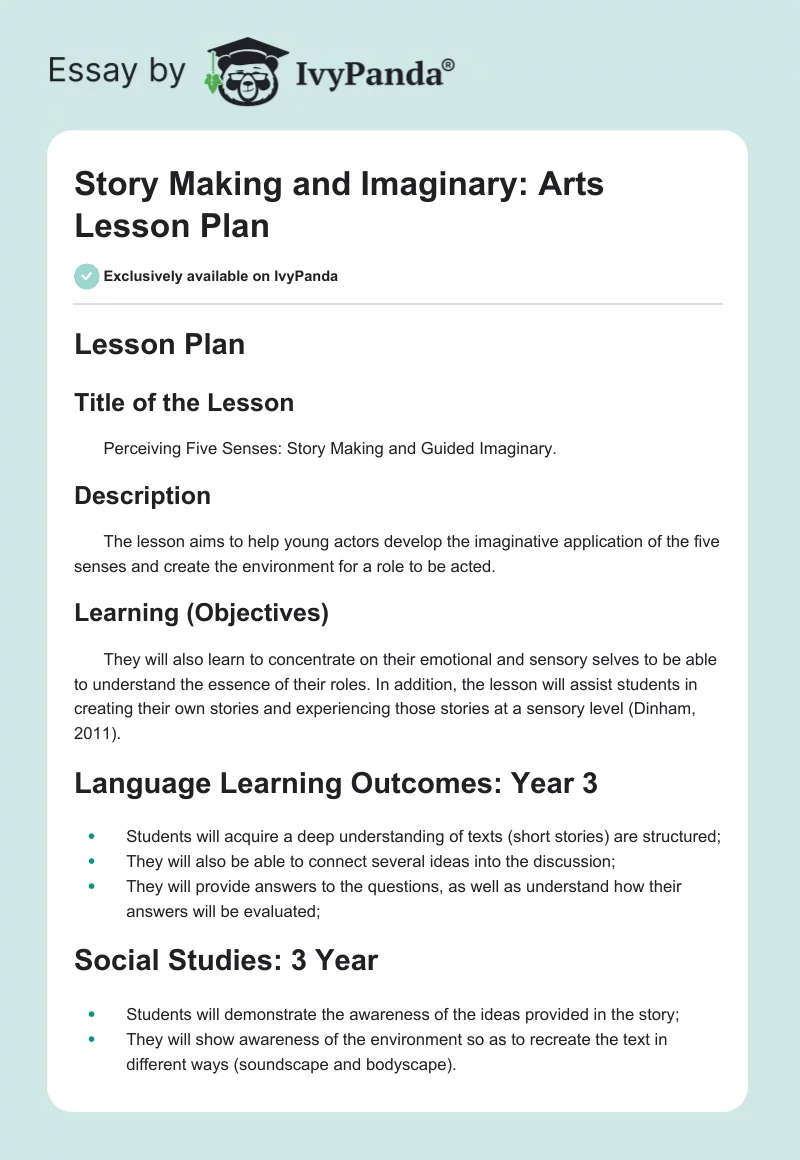 Story Making and Imaginary: Arts Lesson Plan. Page 1