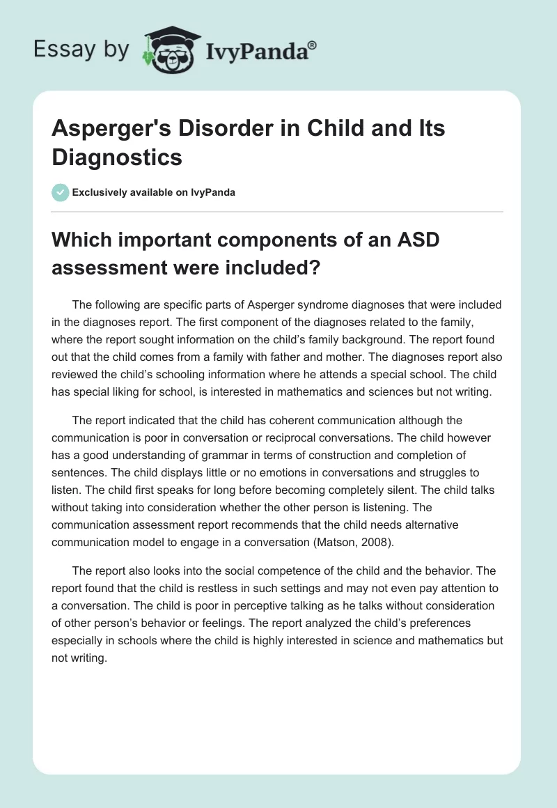 Asperger's Disorder in Child and Its Diagnostics. Page 1