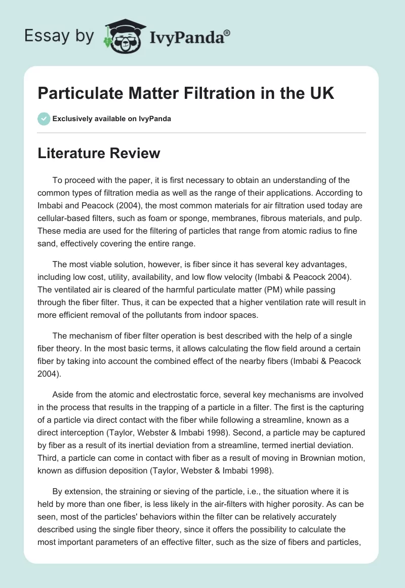 Particulate Matter Filtration in the UK. Page 1