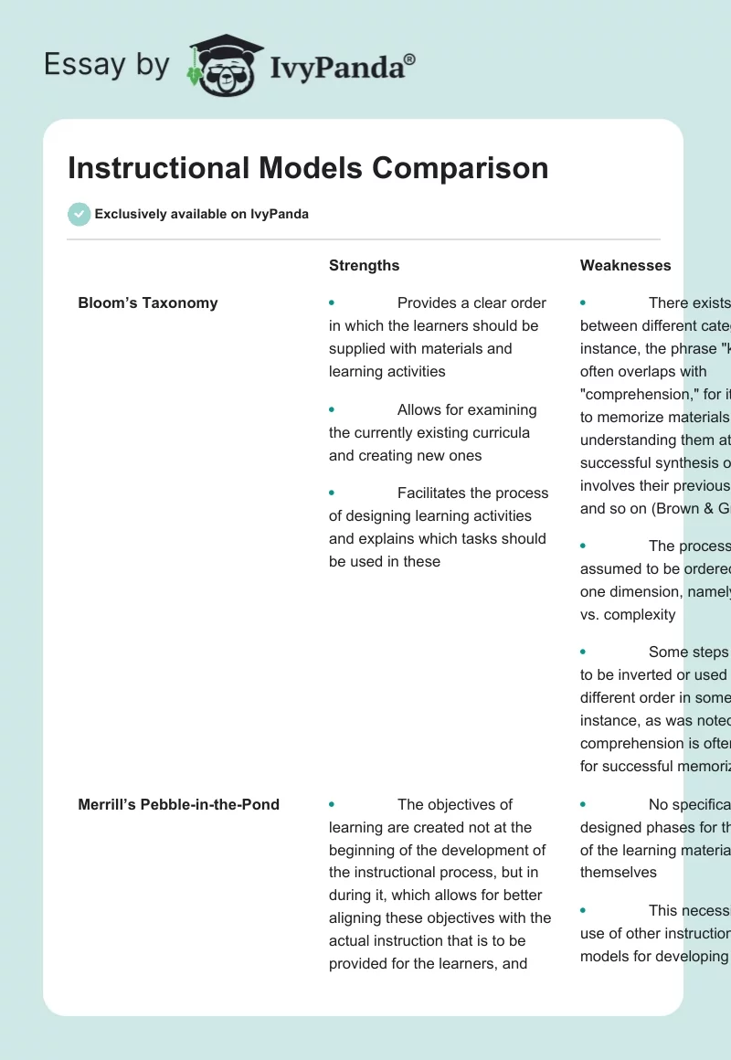 Instructional Models Comparison. Page 1