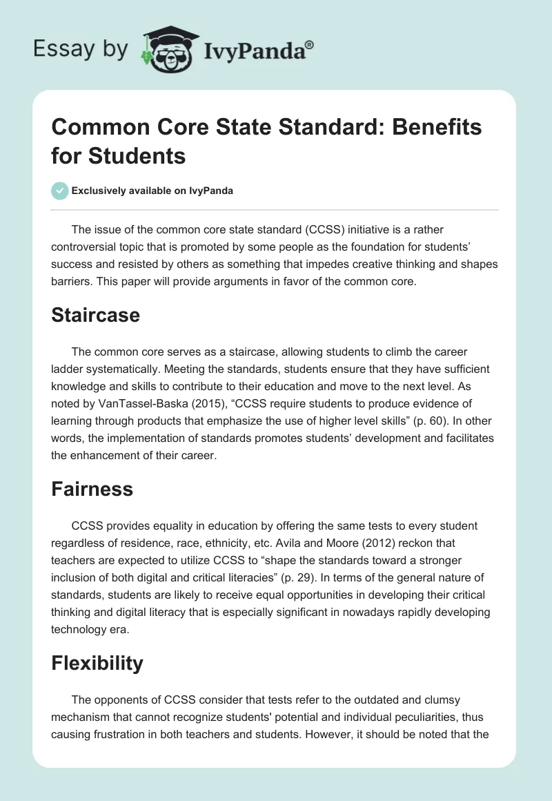 Common Core State Standard: Benefits for Students. Page 1