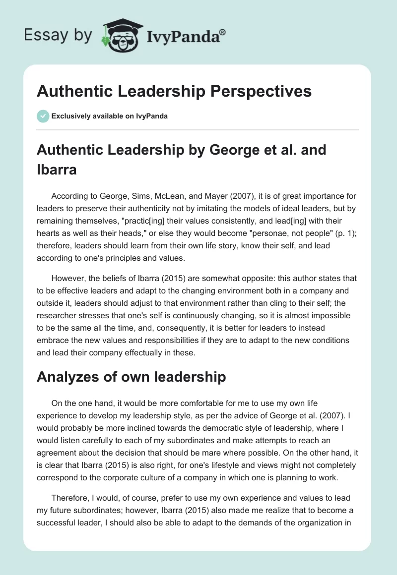 Authentic Leadership Perspectives. Page 1