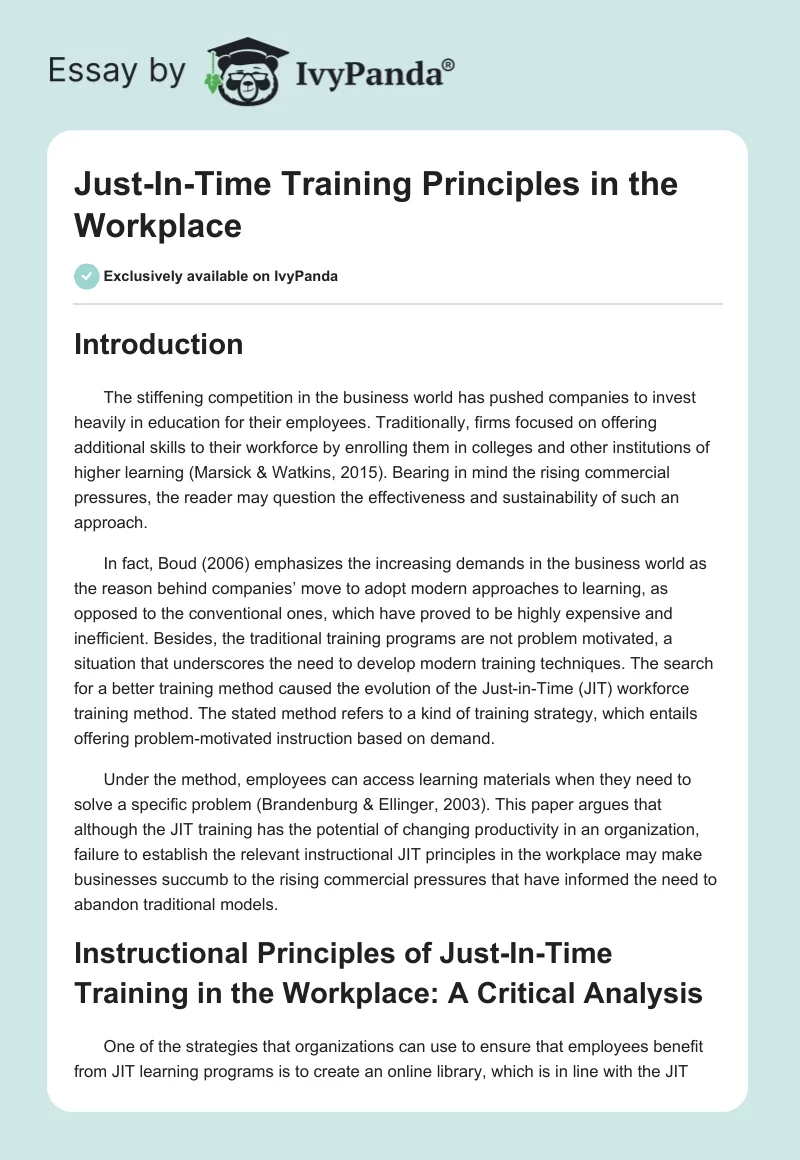Just-In-Time Training Principles in the Workplace. Page 1